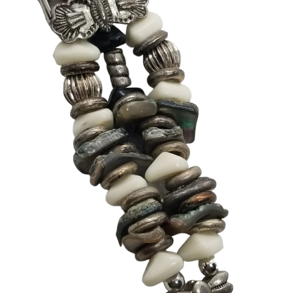 NATIVE AMERICAN STYLE SILVERTONED, GEMSTONE & ABALONE SHELL BAND LADIES WATCH
